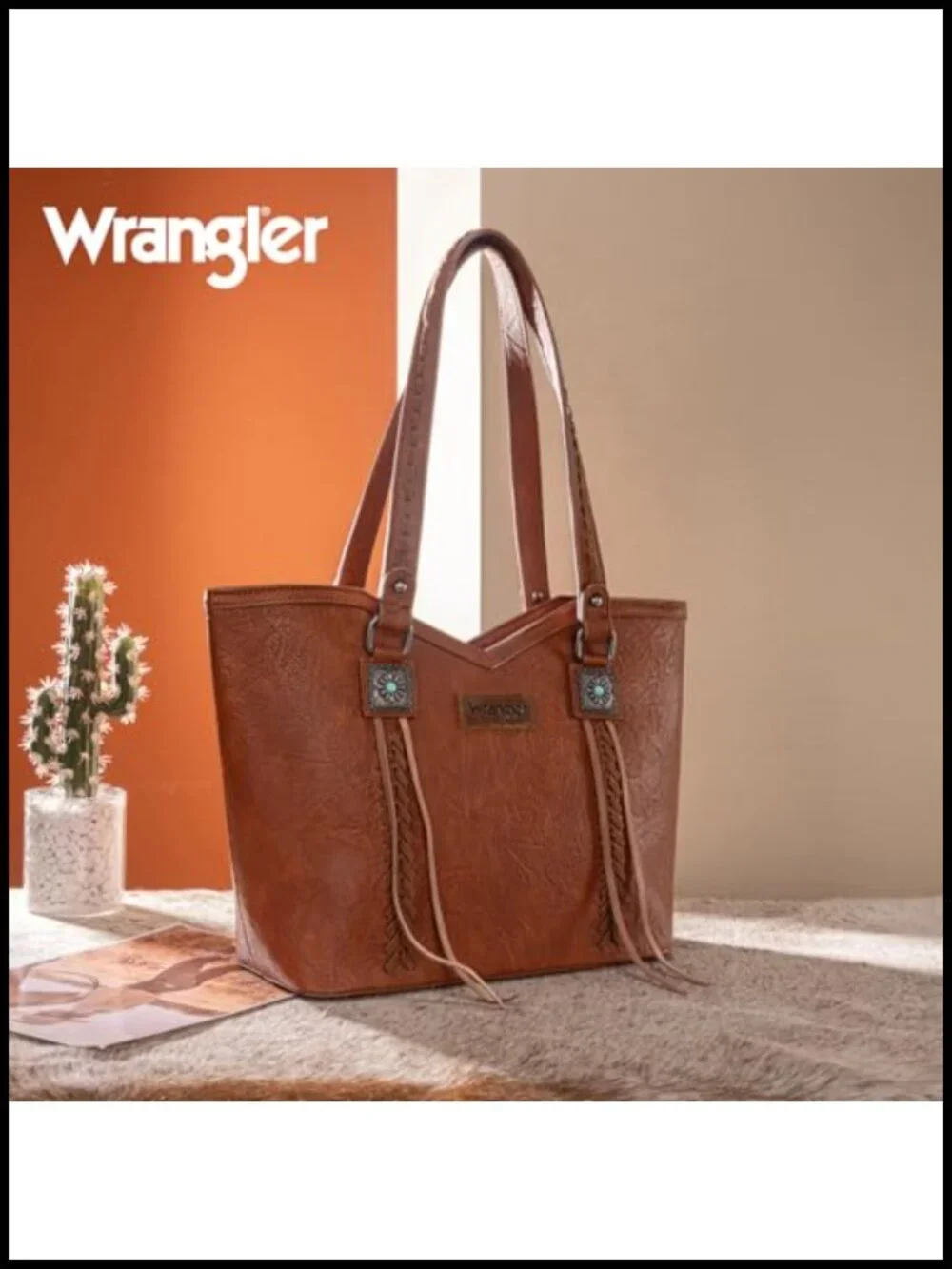 Vegan Leather Western Tote Bag with Turquoise Accents